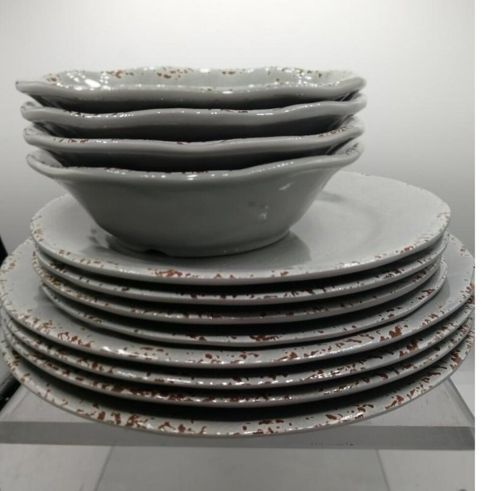Tommy Bahama 12-Piece Rustic Stoneware Dinnerware Set - Crackle Gray With Brown
